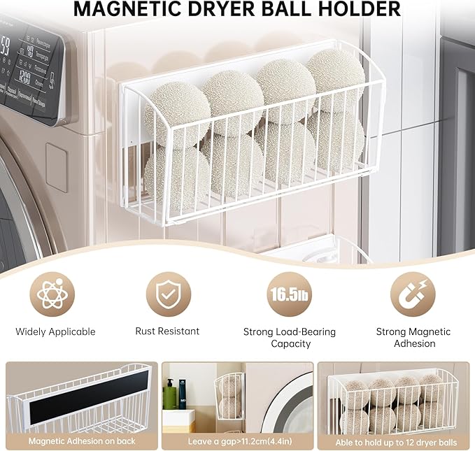 Magnetic Wool Dryer Ball Holder, Magnetic Basket for Laundry Detergent, Magnetic Shelves for Side of Washer Dryer Refrigerator, Laundry Room Organization and Storage (White, L14.96'', W4.41'', H7.2'')