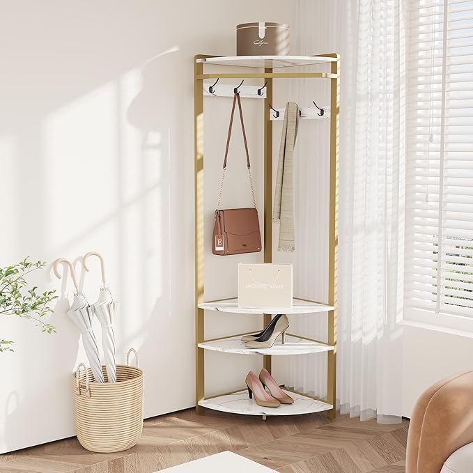 Hallway Coat Rack with 6 Double-Row Hooks and 4 Storage Shelves – Multifunctional Clothes Rack and Shoe Organizer Perfect for Entryway, Hallway and Closet, White & Gold