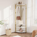 Hallway Coat Rack with 6 Double-Row Hooks and 4 Storage Shelves – Multifunctional Clothes Rack and Shoe Organizer Perfect for Entryway, Hallway and Closet, White & Gold