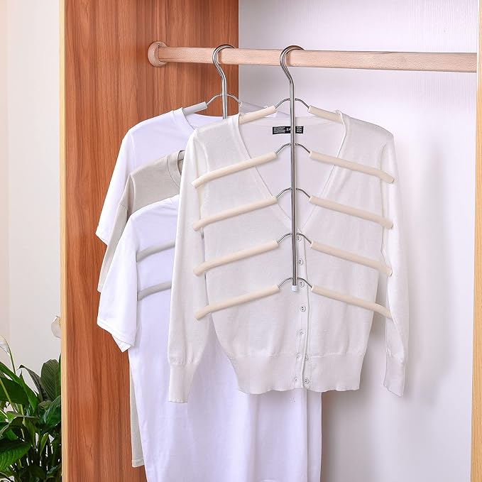 3 Pack 5 in 1 Space Saving Clothes Hangers Chrome and Foam Blouse Tree Hangers Multi Layers Clothes Rack Non Slip Stainless Steel Shirt Hanger Coats Hanger Closet Storage Organizer(White)