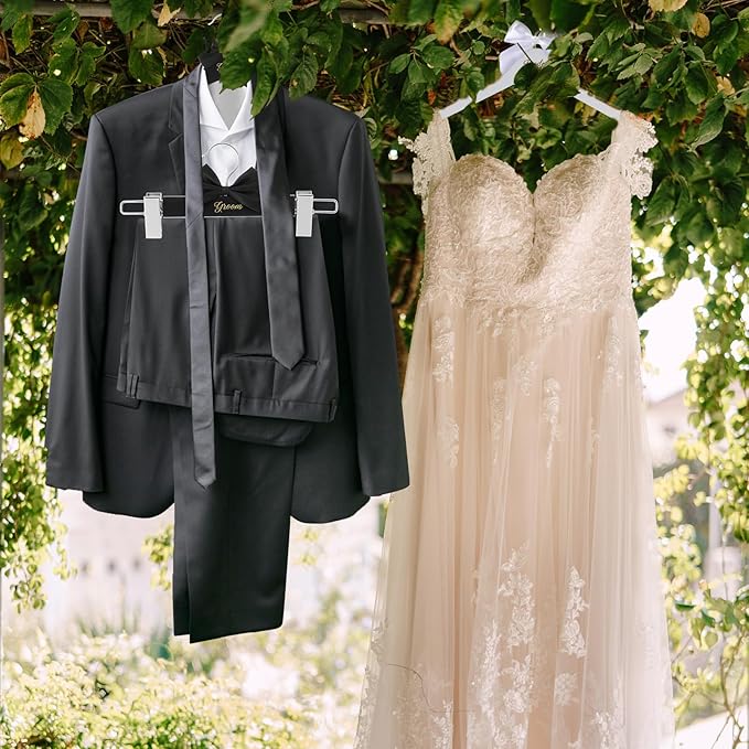 3 Pcs Bride and Groom Hangers for Dress Suit with Clips Wedding Wooden Hanger with Bow Tie for Mr and Mrs Shirt Tuxedo Suit Bridal Wedding Gift Bridesmaid Party Shower (Black,White)