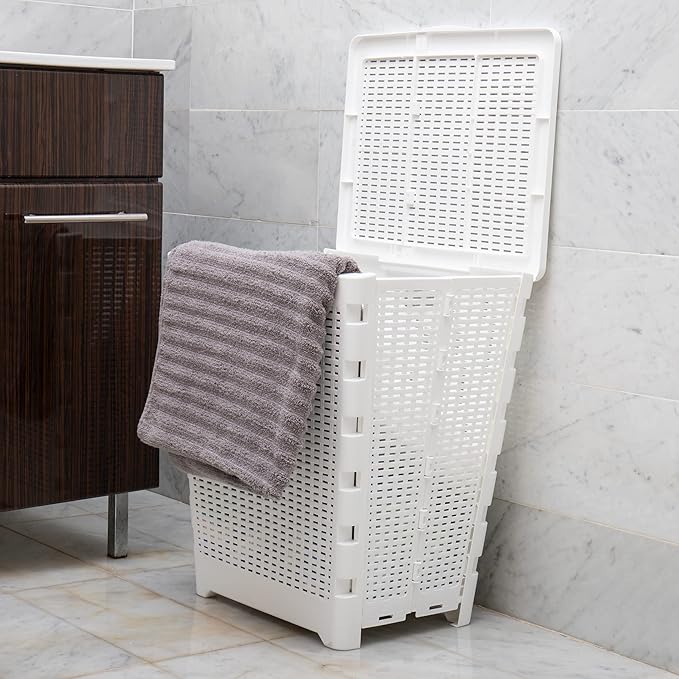 Mind Reader 61L Foldable Laundry Hamper, Clothes Basket, Lid, Wicker Design, Plastic, 18"L x 14.5"W x 21.25"H, White