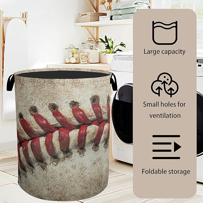 Baseball Laundry Basket with Handles - Extra Large Foldable Hamper for Bathroom/Laundry/Bedroom/Dorm, Washable Fabric Storage Bin