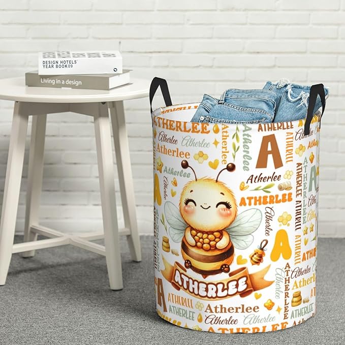 Personalized Bee Laundry Basket For Baby Kids Boys Girls Adult Custom Hamper Basket With Name For Bathroom Bedrooms Collapsible Baby, Dirty Clothes Hamper With Handles