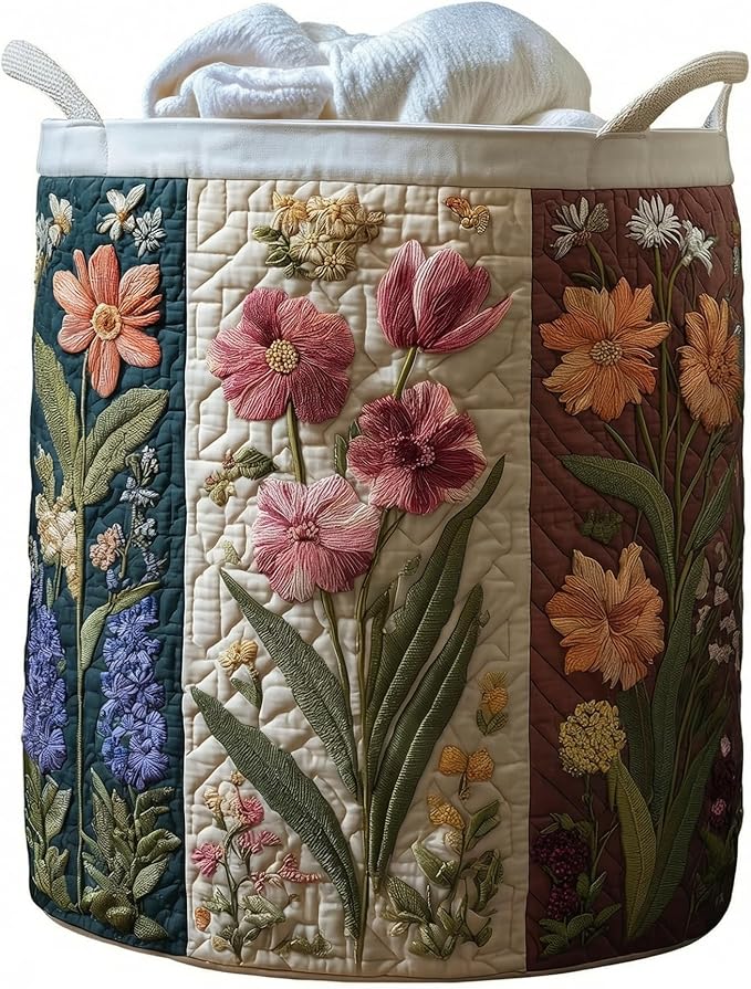 Quilted Laundry Basket with Handles, Boho Floral Fabric Storage Hamper, Large Soft Quilted Laundry Basket for Nursery, Bedroom, Laundry Room,Clothes & Toys (Floral Pattern E, L)