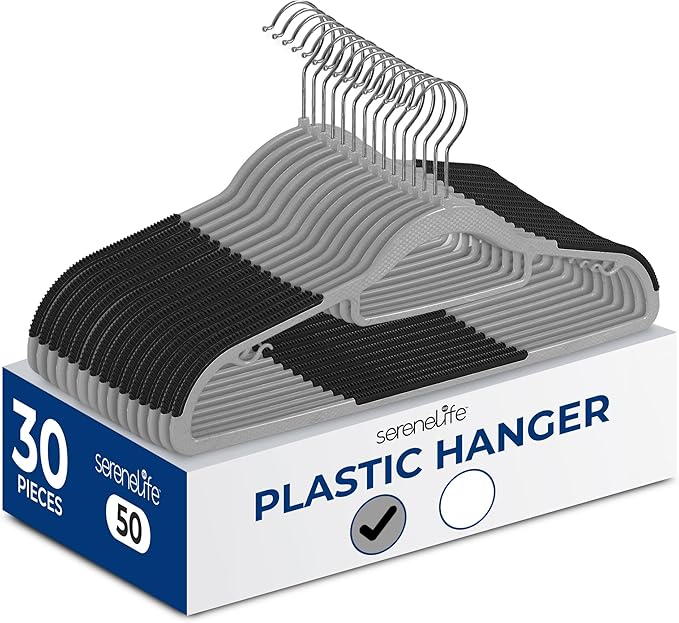 SereneLife Plastic Clothes Hangers, 30-Pack Hanger Set with Non-Slip Rubber Pad and 360° Swivel Metal Hook, Durable Grey Ultra Thin Hangers for Shirts, Pants, Dresses, Space-Saving Closet Organizer