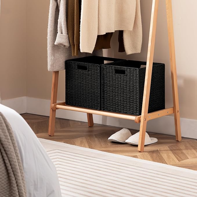 UBBCARE 2 Pack Wicker Basket, 11L×11H×10.5W inch Woven Paper Rope Storage Baskets for shelves, Foldable Cube Storage bin with Handle, Storage Basket for Organizing (Black, Cube-2pack 11")