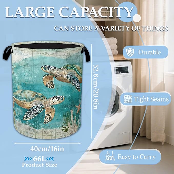 Sea Turtle Laundry Basket Collapsible Laundry Hamper Clothes Toy Storage Bin for Bathroom Bedroom Room Decor 16" X 20.8"