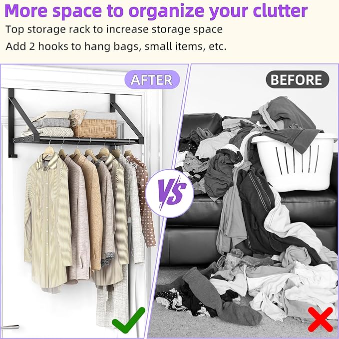 Over The Door Clothes Hanger with 2 Hooks, Stainless Steel Over The Door Hangers for Clothes with Storage Rack, Clothing Hanger Drying Racks for Laundry, Washroom, Fits Door Up to 1.77", Matte Black