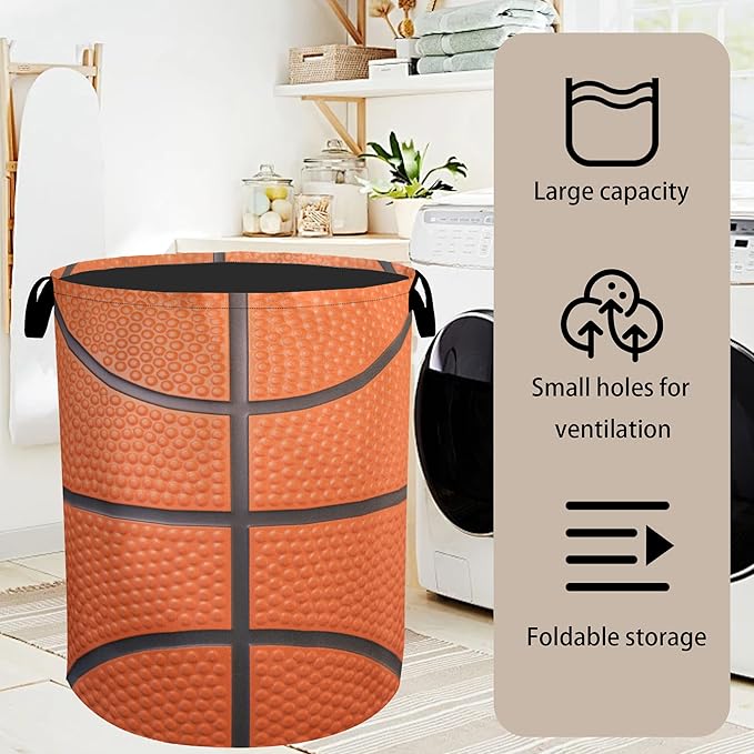 Basketball Laundry Basket with Handles - Extra Large Foldable Hamper for Bathroom/Laundry/Bedroom/Dorm, Washable Fabric Storage Bin