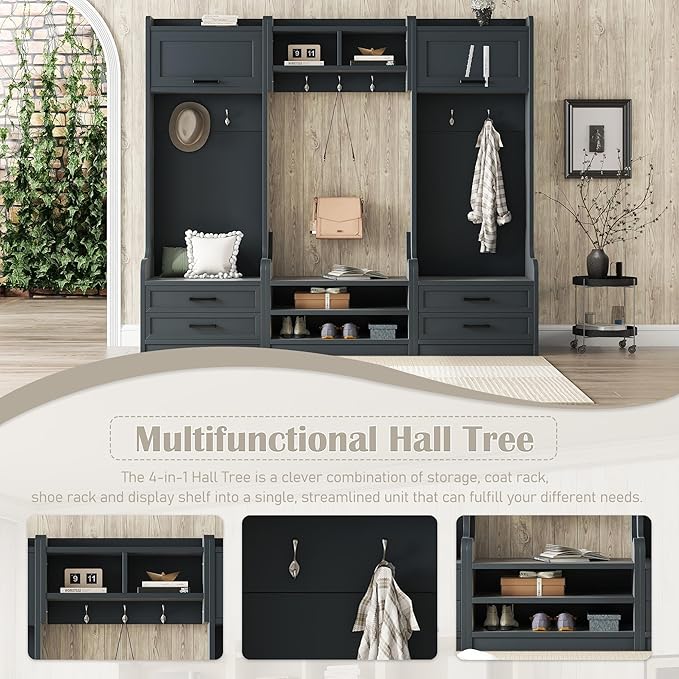 4-in-1 Detachable Hall Tree with Storage, Wood Entryway Coat Hanger with Drawers and Cabinet, Open Storage Shelves, 7 Hooks, Multiple Functions Hallway Coat Rack for Entryway (Antique Blue,205)