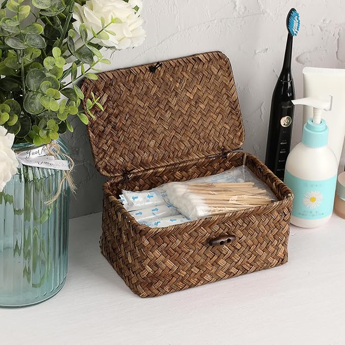 Handwoven Seagrass Basket Wicker Shelf Basket with Lid Rectangular Multipurpose Desktop Organizer Bin for Key Remote Control, Small,7.0" x 4.3" x 3.3"