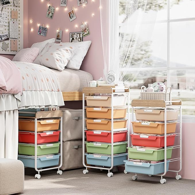 APEXCHASER 6-Drawer Plastic Organizers on Wheels,Rolling Storage Cart with Wooden Top, Mobile Drawer Unit for Classroom, Crafts, Art Supplies, and Home Organization,Rainbow