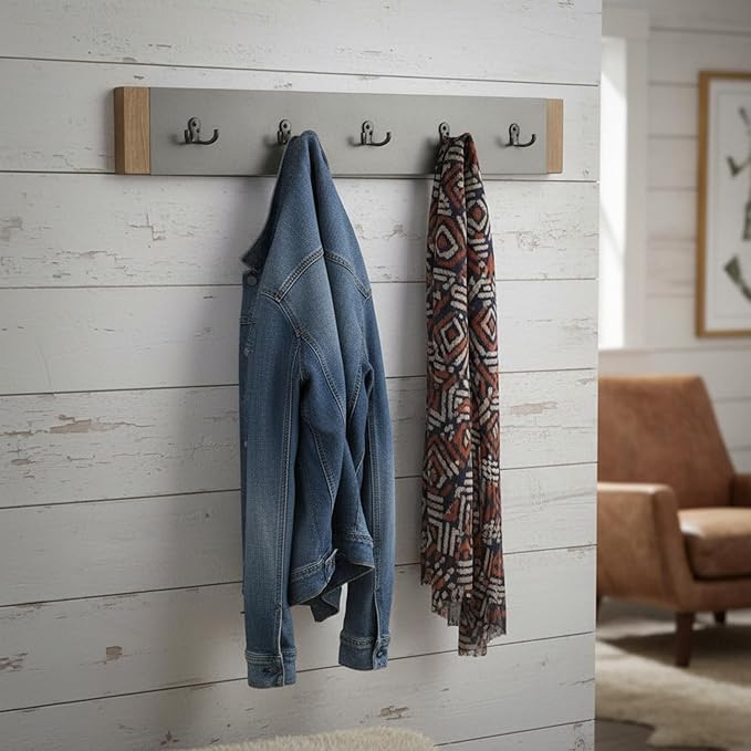 Alaterre Furniture Newport Entryway Collection – 40" Modern Industrial Wall Mounted Coat Rack with 5 Sturdy Hooks, Faux Concrete Panel and Light Amber Wood Trim for Entryway or Mudroom (Gray)