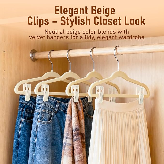 Velvet Hanger Clips 30 Pack – Non Slip Finger Flocked Clips for Thin Velvet Hangers, Strong Clothes Pins for Pants, Skirts, Trousers, Dresses(Beige)