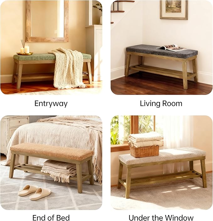 VKNOW Entryway Bench, 44.4" Upholstered Storage Shoe Bench for Entryway & Bedroom, Shoe Rack Bench with Rubberwood Legs, Modern End of Bed Bench for Living Room and Hallway, Orange