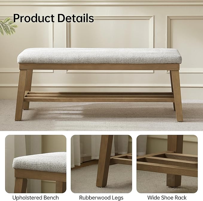 VKNOW Entryway Bench, 44.4" Upholstered Storage Shoe Bench for Entryway & Bedroom, Shoe Rack Bench with Rubberwood Legs, Modern End of Bed Bench for Living Room and Hallway, Beige
