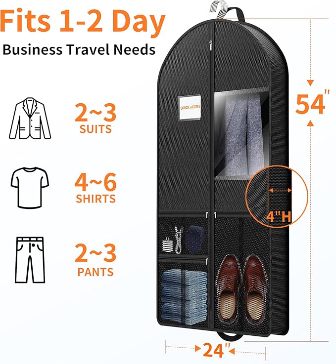 Suit Garment Clothes Travel Bag: 54 inch Lightweight Foldable Black Short Fabric Breathable - Hanging Storage Cover Pockets Zipper for Men - Wardrobe Carry Coat Jacket Uniform Tuxedo Shirt