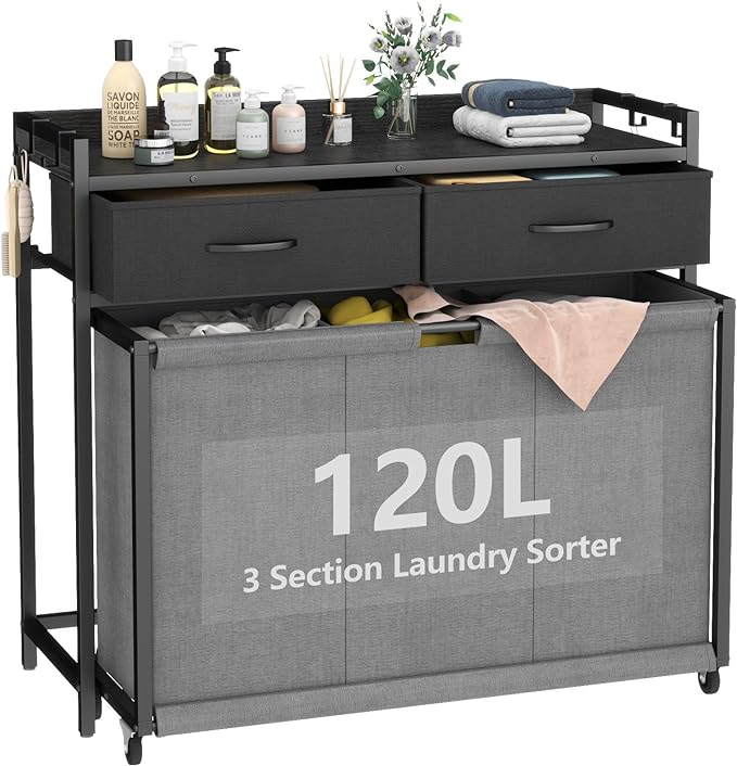 Laundry Hamper Laundry Basket with 3 Section Pull-Out Rolling Bags, Laundry Sorter for Organization and Storage with 2 Pull-Out Drawers for Laundry Room, Bathroom, Bedroom Use (Black)