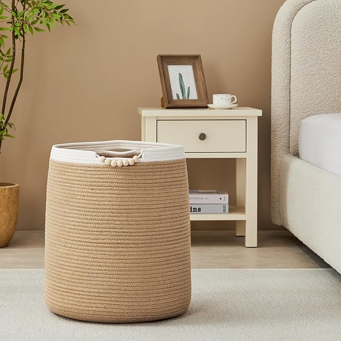 65L Woven Jute Laundry Hamper Basket for Clothes Boho Wicker Rope Baskets for Blanket in Living Room Bedroom Baby Nursery Hamper Bin for Kids 16"Wide 19"Tall