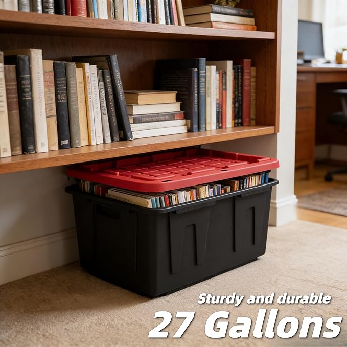 2-Pack Large Industrial Storage Bins – 27 Gallon Heavy-Duty Plastic Containers with Secure Snap-On Lids, Stackable Design, Black & Red for Garage, Basement & Warehouse Organization