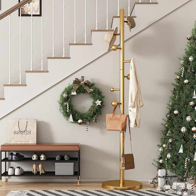 Coat Rack Freestanding Coat Tree with 8 Hooks Heavy Duty Coats Hanger Stand Metal Coats Rack Stand for Jacket Hat Clothes Bag Stainless Steel Hall Tree Hat Racks for Entryway Bedroom, Gold