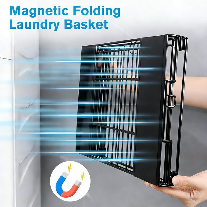 Magnetic Collapsible Laundry Basket, Foldable Metal Laundry Hamper for Washing Machine Side, Space Saving Pop Up Hamper, Laundry Room Organization and Storage (Black)