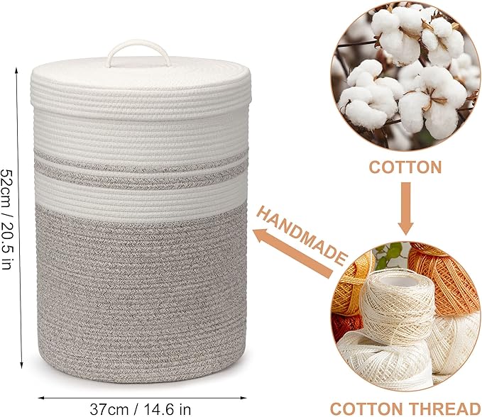 Laundry Hamper with Lid, Large Woven Laundry Basket，Blanket and Toy Storage Basket for Living Room, Bedroom, Bathroom, Nursery（Brown and White，55L）
