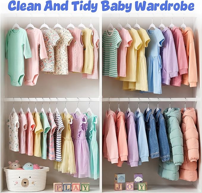 HOUSE DAY 11.4 Inch Baby Hangers 50 Pack - Plastic Kids Hangers Space Saving Thin Profile, Children Closet Organizers with Rotatable Hook of 360°, Heavy Duty for Toddler Clothes Nursery - White