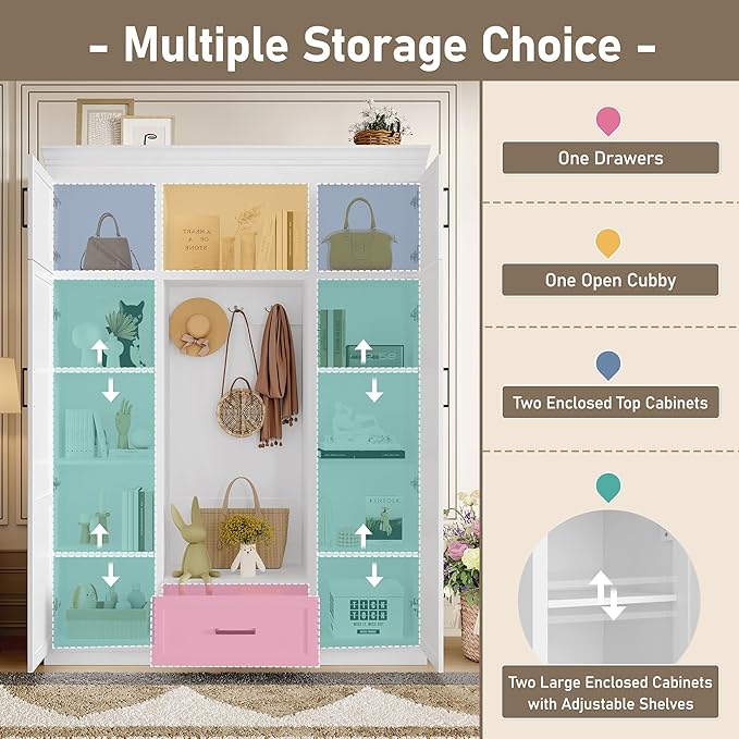 85.2''H Hall Tree with Bench and 3 Hooks, Modern Large Hall Tree with 5 Drawers and Adjustable Shelves, Entryway Storage Organizer Cabinet with 4 Doors for Hallway, Living Room (White/509)
