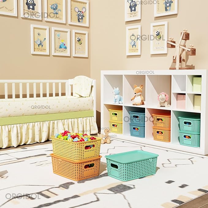 Plastic Storage Basket with Lids 10 Pack Stackable Colorful Storage Bins Containers with Lid, Decorative Storage Boxes for Organizing Shelves, Drawers, Playroom, Classroom, Office, Closet