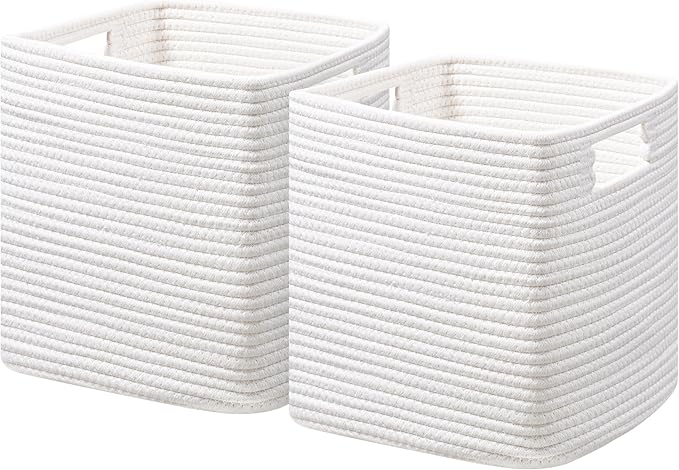 UBBCARE Storage Cubes 11 Inch, Cotton Rope Woven Baskets for Organizing, Cube Storage Bin for Baby Nursery, 2-Pack Square Toy Storage Baskets for Shleves Organizer, Closet, Kidsroom, White