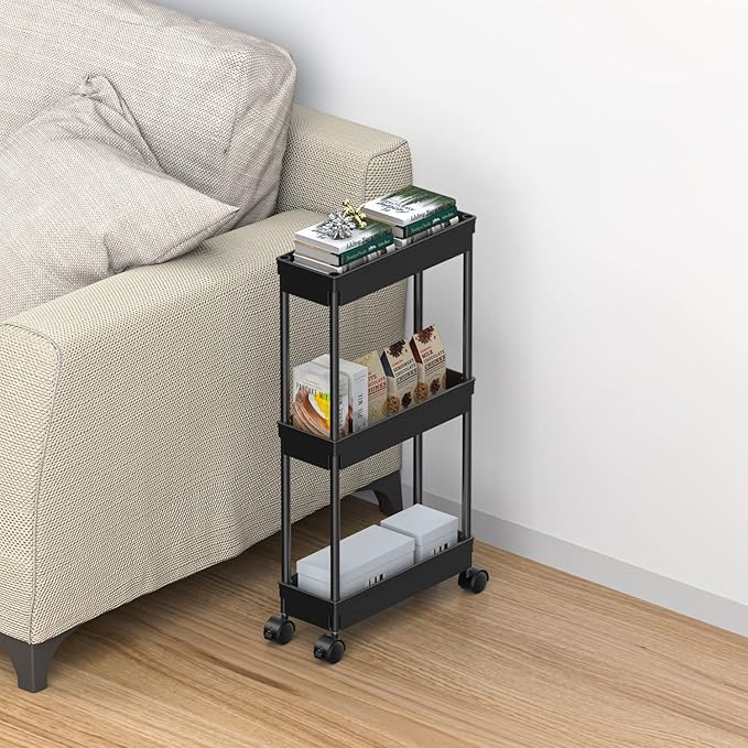 Sooyee 3-Tier Rolling Cart with Wheels, Slim Narrow Storage Cabinet, Under Desk Storage Organizer for Office, Bathroom, Kitchen, Laundry Room, Narrow Places, Black