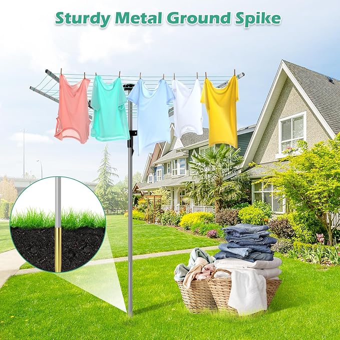 tonchean Rotary Umbrella Drying Rack, Adjustable Height Rotary 4-arm Umbrella Clothesline for Laundry Outdoors Dryer Collapsible Clothes Drying Rack | 12-Lines with 165 ft. Clothesline