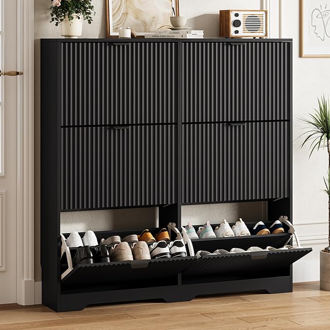 Shoe Cabinet Storage for Entryway with 6 Flip Drawers, Black Fluted Shoe Cabinet with Adjustable Shelves, Wooden Hidden Shoe Rack Freestanding Narrow Slim Shoes Storage for Hallway, Entrance