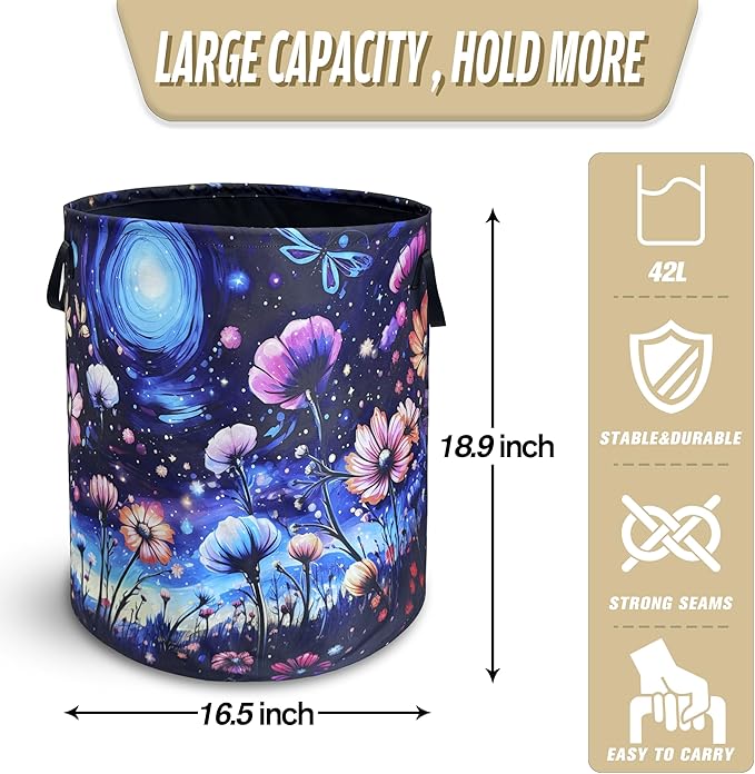 Colorful Flowers Laundry Basket Night Starry Sky Floral Foldable Oxford Cloth Funny Tote Bag Laundry Hamper Clothes Storage Bucket Toy Organizer For Bathroom/Laundry/Bedroom 18.9x16.5 Inch
