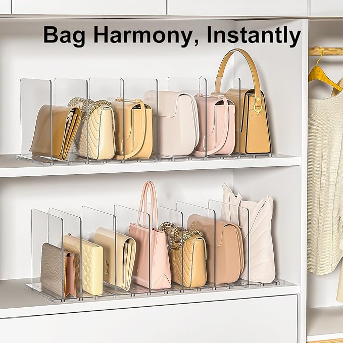 Bag Purse Organizer for Closet: Shelf Dividers Adjustable Acrylic Handbag Storage - Plastic Closet Organizers and Storage for Clutches - Keep Carteras & Pocketbook Upright