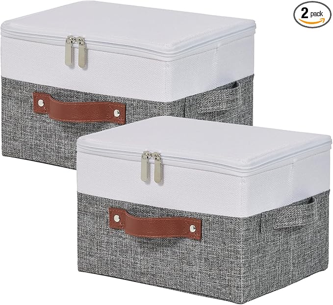 2 Pack Storage Boxes with Zipper Lid Cotton Linen Fabric Lidded Storage Bins Baskets Foldable Washable Closet Shelf Clothes Organizer Container Faux Leather Handles (Gray White, Small)