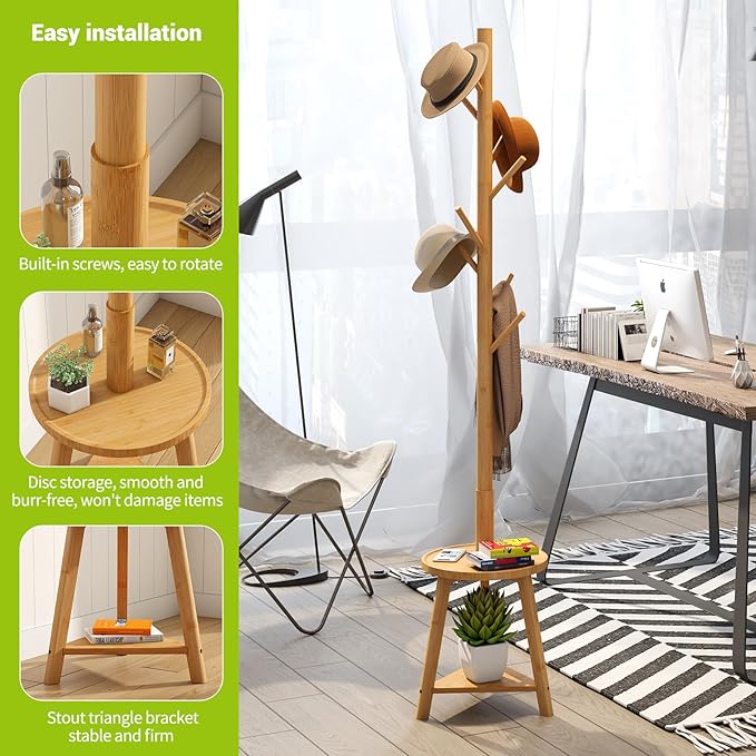 BMOSU Coat Rack freestanding Stand with 2 Shelves Bamboo Wooden Coat Tree Easy Assembly 8 Hooks Standing Jackets Hanger Hallway Office Floor Coat Stand Nature