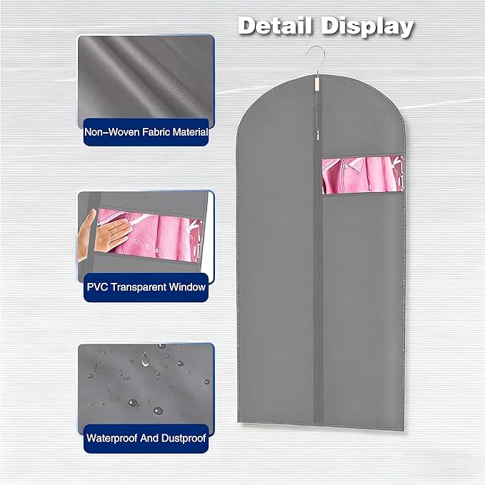 Garment Bag for Storage, Travel, and Dustproof, 40, 48, 60 inches Long, Washable Suit Cover for T-shirts, jackets, suits, and coats, non-woven (gray, 24" x 40"-3pcs)