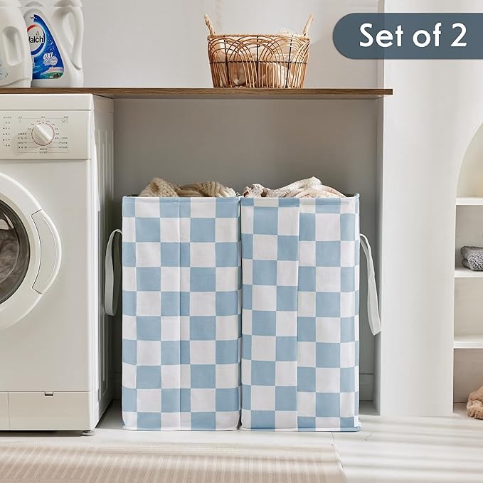 Checkered Laundry Hamper, Pack of 2, Large Pastel Blue Collapsible Cloth Hampers Basket for Storage Organization Cute Aesthetic, 2 x 75L