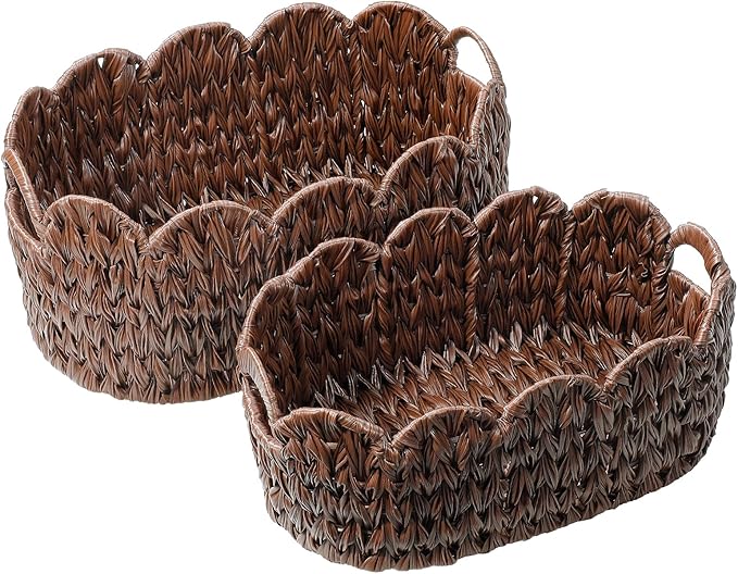 Wicker Scalloped Basket Set of 2,Woven Storage Baskets for Shelves,Closet,Laundry,Gift,Towels,Books,Toys,Waterproof Cute Decor Basket for Organizing,Brown