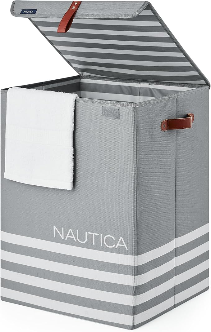 Nautica - Laundry Basket, Foldable Hamper & Storage Bin with Lid, Closet Organizers, Home Essentials (Grey Stripe)
