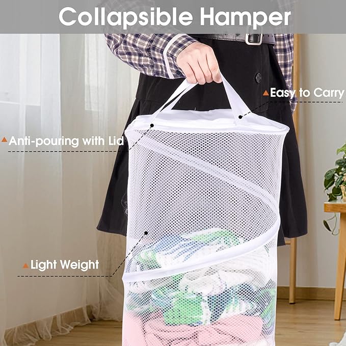 BATTOO Large Collapsible Laundry Basket with Lid Foldable Mesh Pop Up Hamper with Handles for Laundry Room, Bathroom, Kids Room, College Dorm, Travel, Storage Organizer White