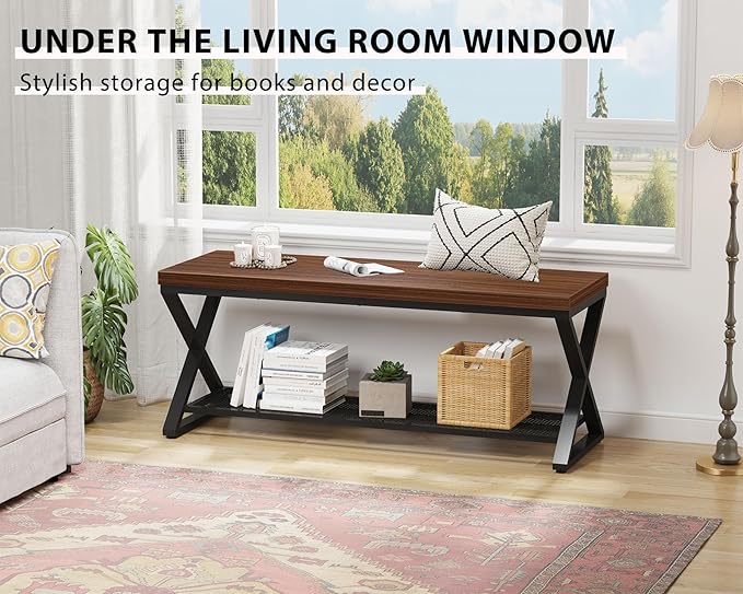 LVB Entryway Bench with Storage, Wood and Metal Indoor Bench for Entry Way, Simple Accent Shoe Rack Bench for Foyer Entrance, Long Wooden Hallway Bench with Seating for Living Room, Walnut, 47 inch