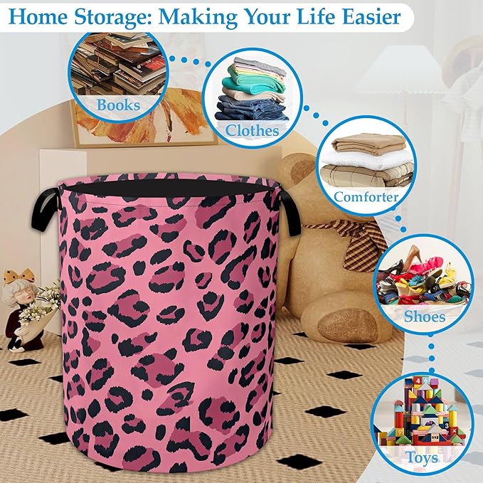 Pink Leopard Laundry Basket Collapsible Laundry Hamper Clothes Toy Storage Bin for Bathroom Bedroom Room Decor 16" X 20.8"