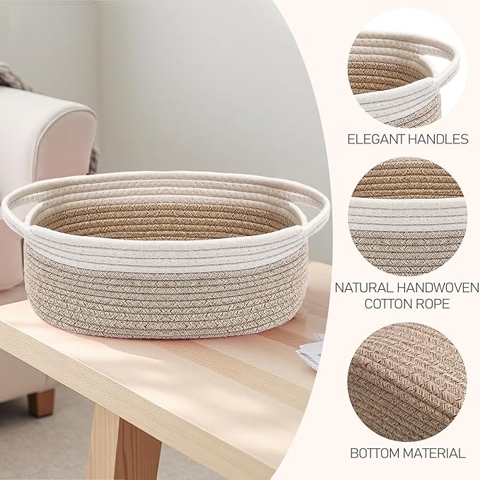 Woven Basket,Small Rope Storage Bin with Handles & Ribbon Bag, Organizer for Shelves Closets,Gift Basket Empty for Birthday,Books,Dog Toys, White&Oatmeal/2 Pack