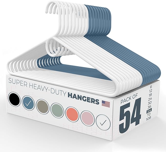 Neaties Super Heavy Duty Clothes Hangers 50 Pack (54 Count) – Made in the USA - 10lb Capacity, Thick Plastic Hangers for Pants, Coats, Jackets, Jeans and Adult Clothing – White & Blue