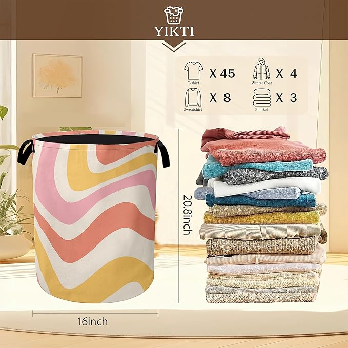 Mid Century Laundry Basket,Colorful Ripples Clothes Hamper,Oxford Cloth Collapsible Nursery Hamper Storage Organization for Bedroom,Bathroom,Office,College Dorms,16x20 Inch