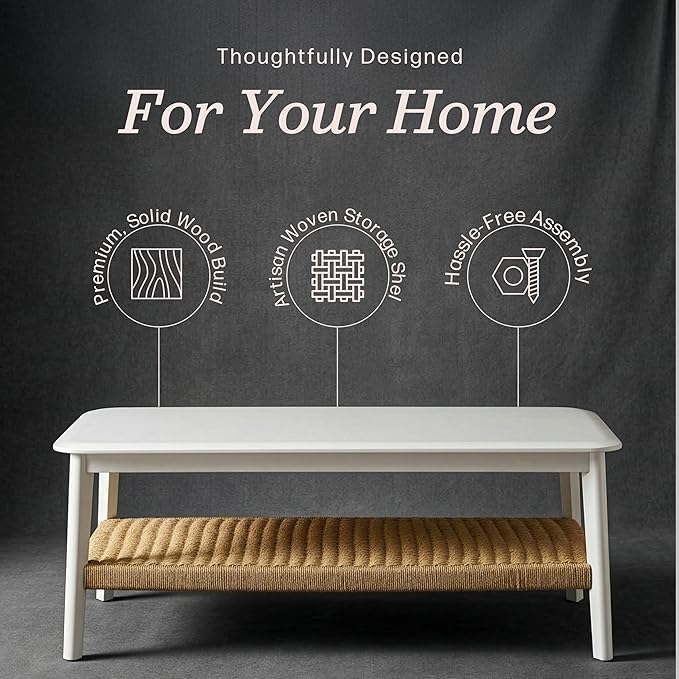 Alaterre Furniture Calais Modern Coffee Table for Living Room - 48 Inch 2-Tier Wooden Rectangular Living Room Table with Woven Storage Shelf - Mid Century Modern Furniture (White)